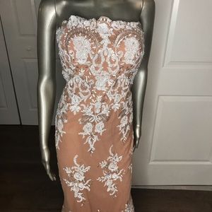Nude mesh modesty panel white sequin appliqué gown
